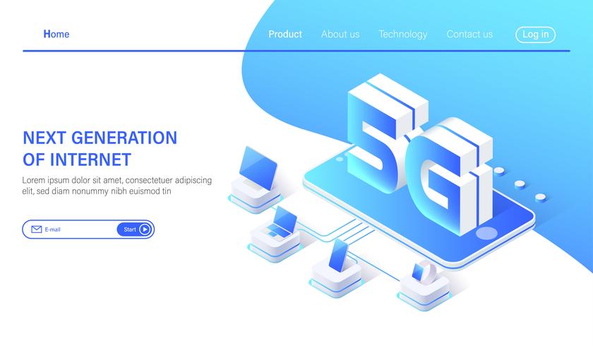 Isometric 5G mobile network wireless systems and internet vector illustration.