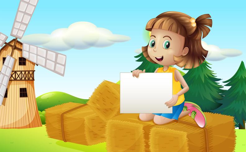 A girl above the hays holding an empty signage vector