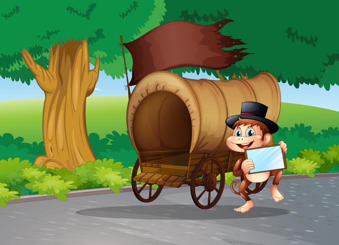 A monkey at the street standing beside the wagon with an empty signboard vector