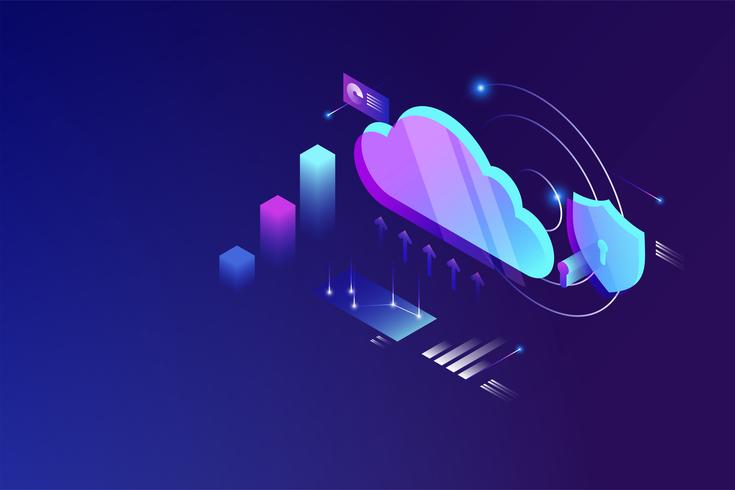 Concepto isométrico de computación de datos en la nube. nube de tecnología de almacenamiento de datos en línea vector