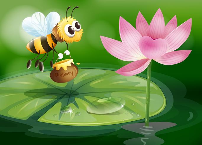 Una abeja con una olla de miel encima de un nenúfar vector