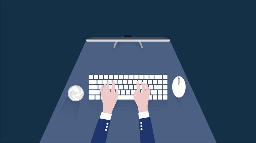 Flat design with top view working in font of computer at night vector