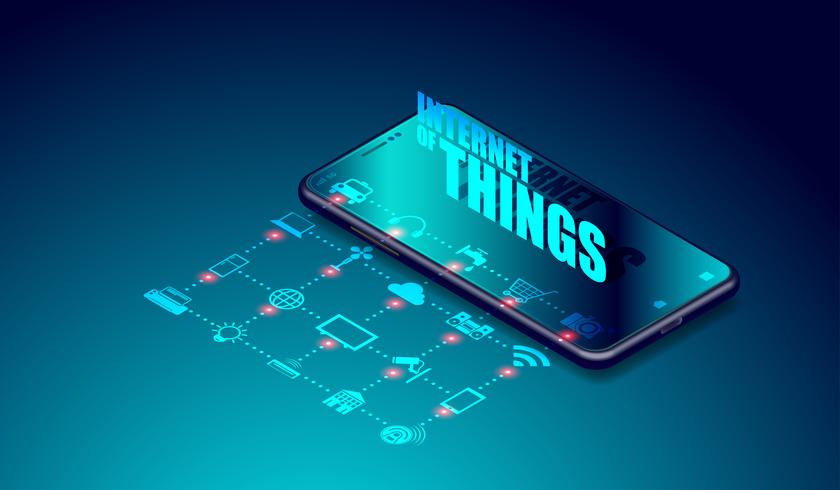 IOT internet de las cosas en aplicaciones de teléfonos inteligentes, cosas inteligentes conectadas y control remoto por vector de dispositivo de teléfono inteligente