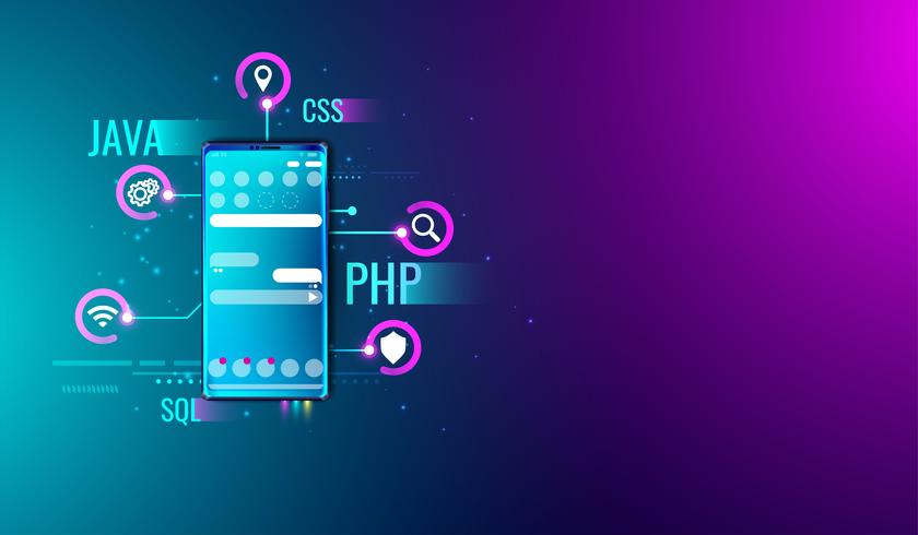 Mobile application UI UX design and development concept on smartphone screen and programming language Vector. vector