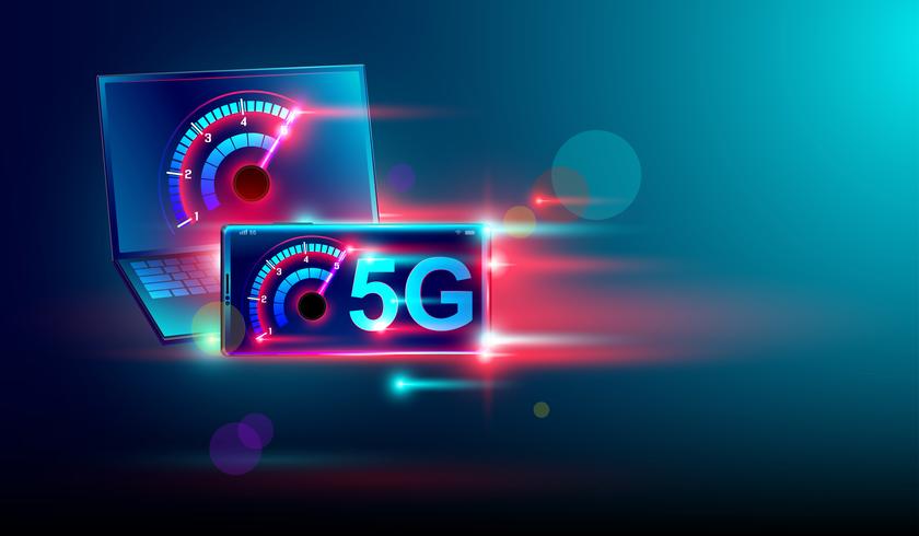 Internet de comunicación de red de alta velocidad 5G en vuelo; Computadora portátil isométrica y teléfono inteligente con medidor de velocidad y fondo azul oscuro. Vector