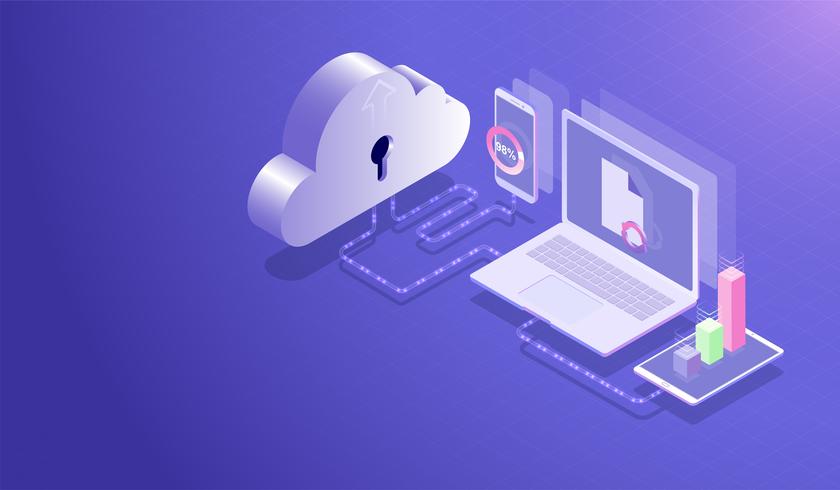 Centro de almacenamiento de datos en la nube isométrica y concepto de computación en la nube, proceso de carga y descarga de transferencia de datos por computadora portátil, teléfono inteligente y tableta, servidor de base de datos Vector