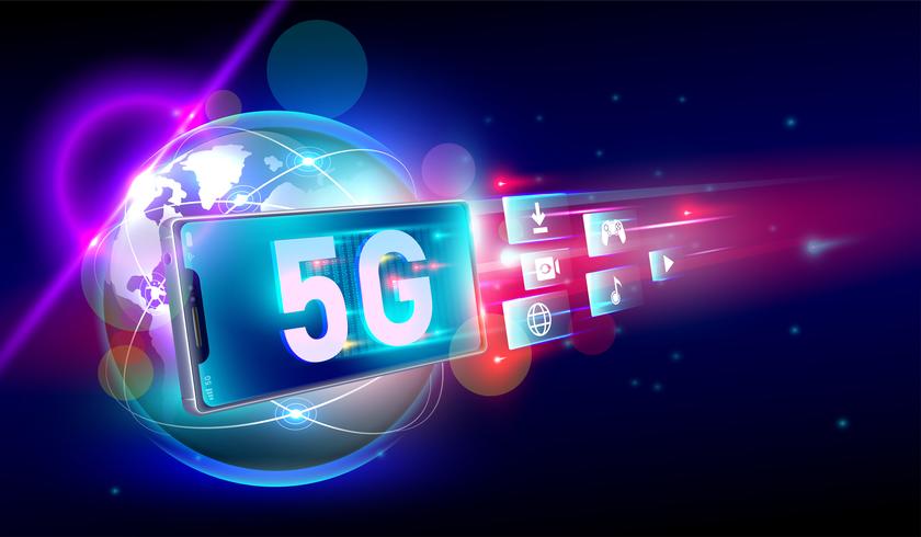 Avanzar el destello de luz movimiento desenfoque de fondo con el teléfono inteligente en la conexión inalámbrica de red de alta velocidad 5G en todo el mundo e internet de las cosas, concepto de red de comunicación Vector