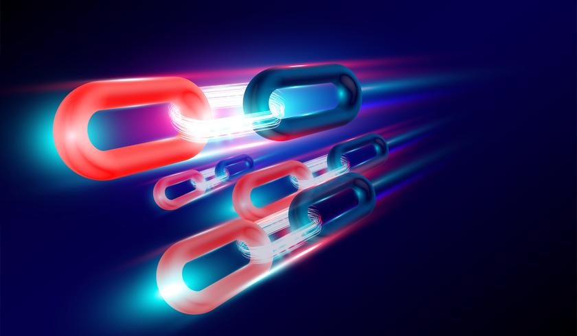 BlockChain technology with 3D rendering concept, glow light chains connected together and flyer. Vector