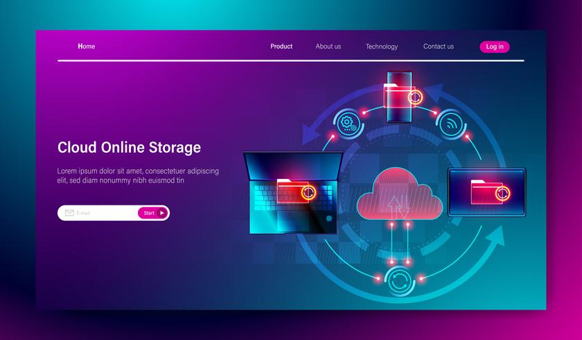Cloud online storage service concept, connection of cloud with laptop, smartphone and laptop devices, data transfer, synchronization Vector
