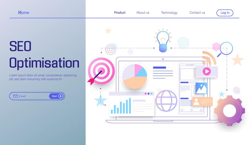 SEO optimization technology modern flat design, search engine analytics, web analytics, social and data analytics vector