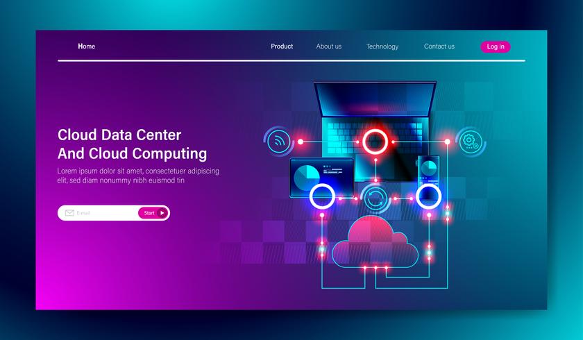 Diseño plano moderno del servicio de centro de datos en la nube y la tecnología de almacenamiento en línea de computación en la nube en concepto de conexión de computadora, tableta y dispositivo móvil para el vector de plantilla de página de destino.