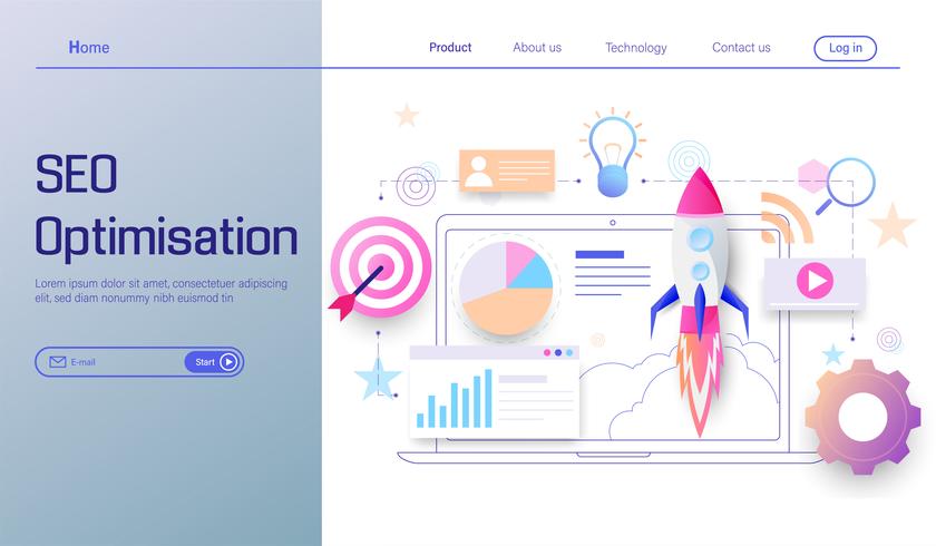 Tecnología de optimización SEO diseño plano moderno, análisis de motores de búsqueda, análisis web, vector de análisis social y de datos