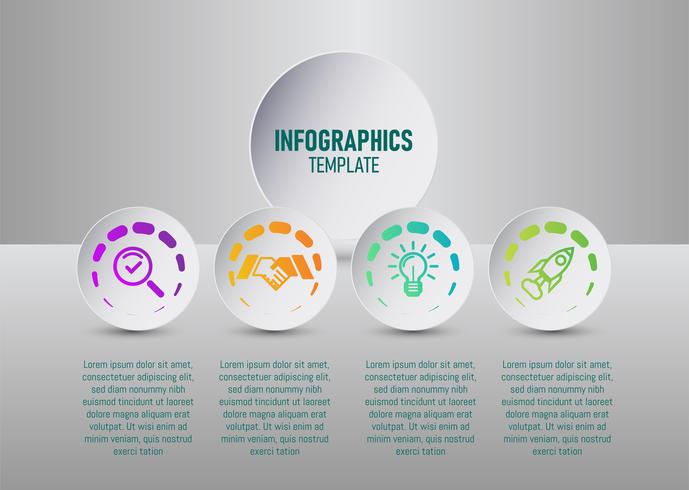 El vector de la plantilla de infografías coloridas para su planificación de negocios con 4 pasos, elementos infográficos de la línea de tiempo para su comercialización. vector plano