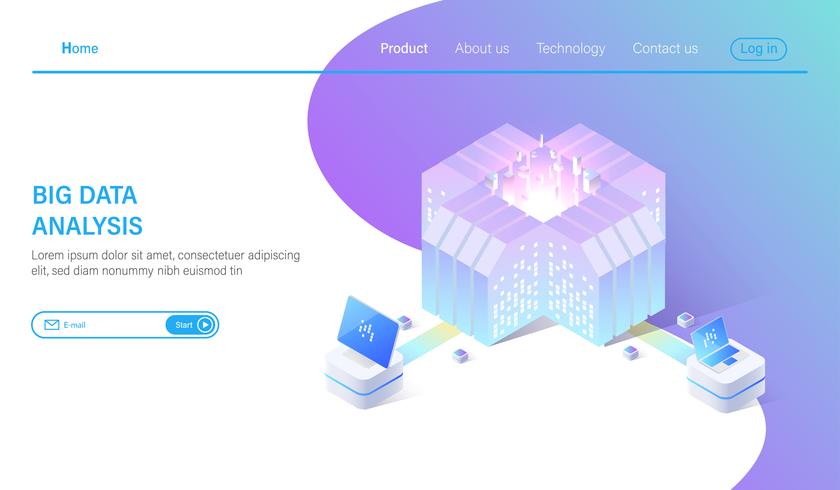 Ilustración de vector isométrica de datos grandes. Fondo de sala de centro de datos o servidor de alojamiento 3d abstracto