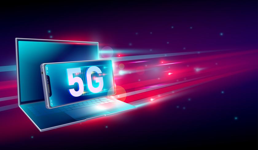 Internet de alta velocidad de la comunicación de la red 5G en volar el ordenador portátil y el smartphone realistas 3d con el fondo rojo claro y azul marino. Vector