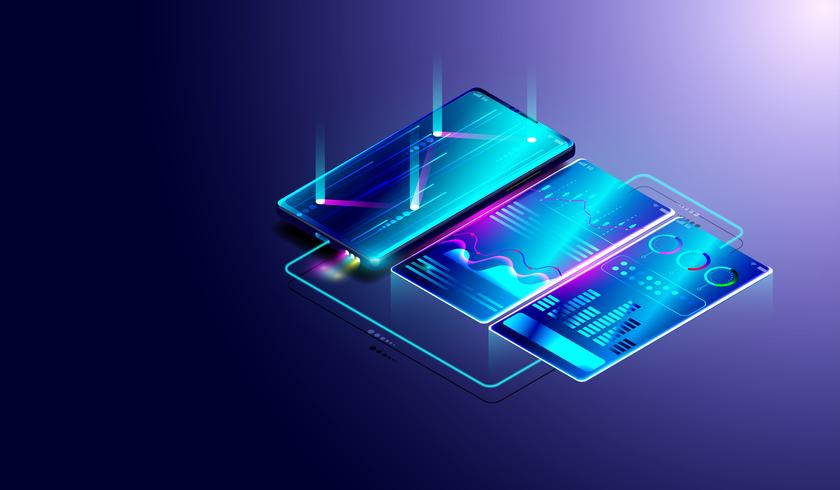 Business trend analysis on isometric smartphone screen with graphs and diagrams, process of financial and data analysis. vector