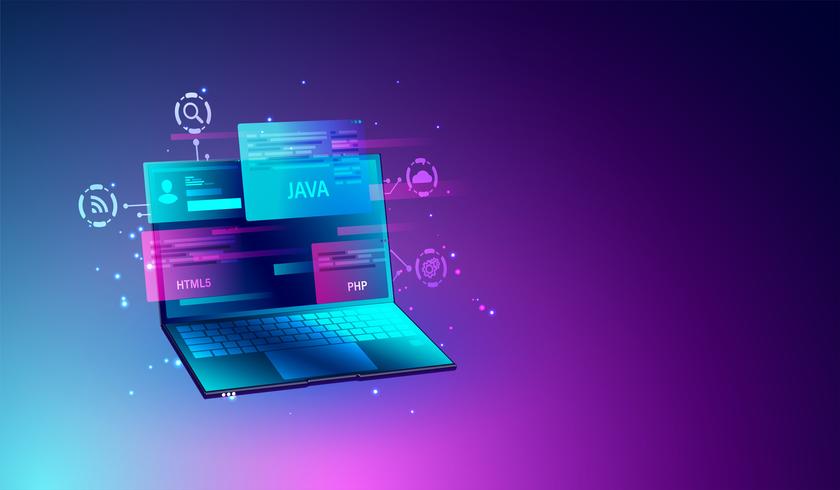 Desarrollo web y programación de concepto de codificación, optimización SEO, diseño web moderno en vector de pantalla de laptop.