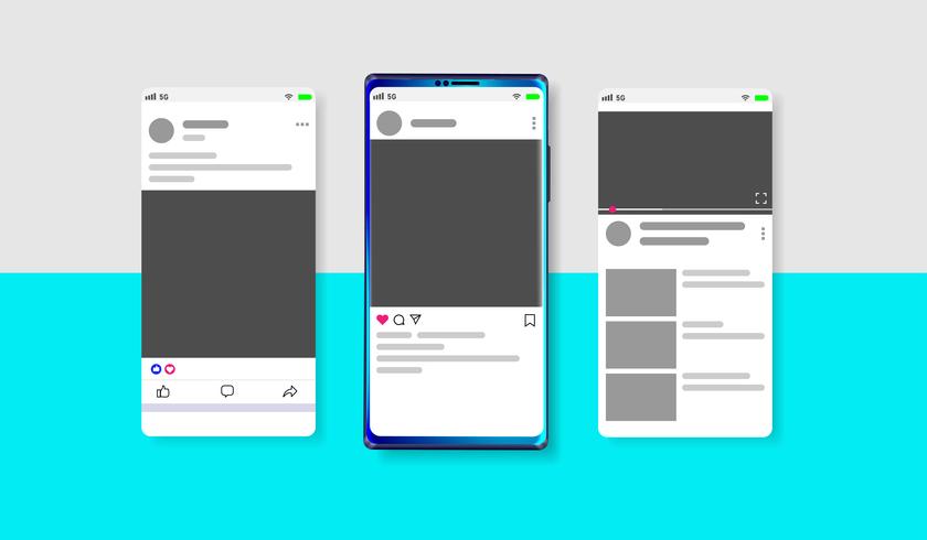 Maqueta moderna moderna de la alimentación, de los posts y de la página de inicio de Social Media con el smartphone y el fondo editable Vector. vector