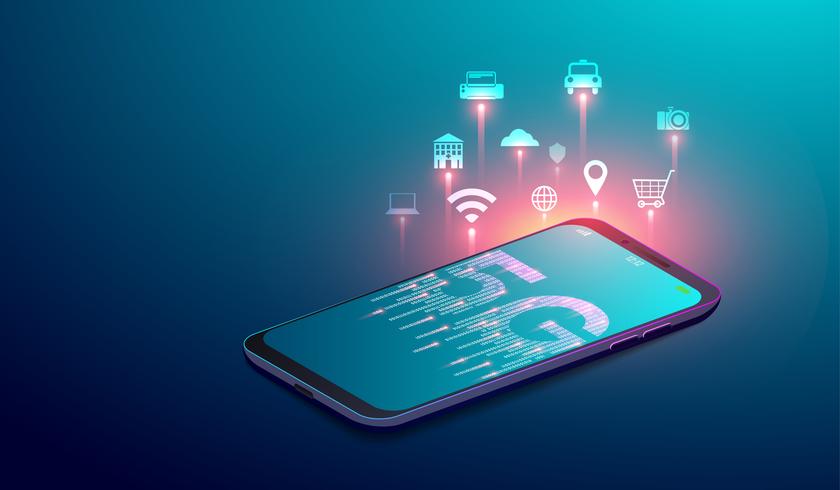 5G network wireless systems, smart city and internet of things concept with  icons on smartphone'screen. vector illustration.