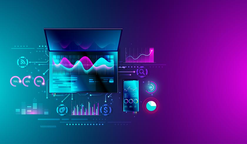 Análisis de estadísticas financieras en computadoras portátiles y teléfonos inteligentes con gráficos, planificación de negocios, investigación, estrategia de marketing y análisis de datos de fondo del sistema. Se puede utilizar para web y presentación. V vector