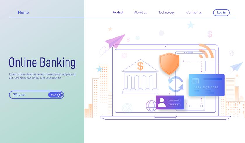 Concepto de diseño plano moderno moderno de las actividades bancarias en línea, Landing Page de las actividades bancarias en línea con vector del smartphone y del ordenador portátil.