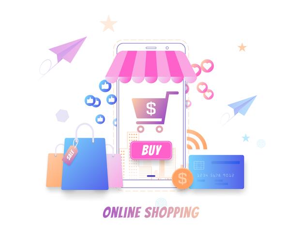 Concepto plano moderno de compras en línea, compra en línea por teléfono inteligente, vector de mercado en línea