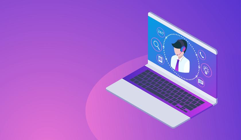 Concepto de atención al cliente o línea directa con laptop, call center 24h. vector