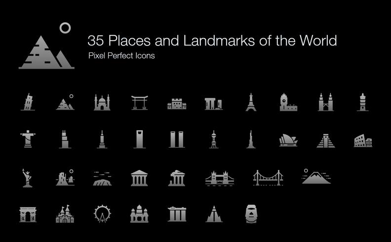 35 Places and Landmarks of the World Pixel Perfect Icons Filled Style Shadow Edition. vector
