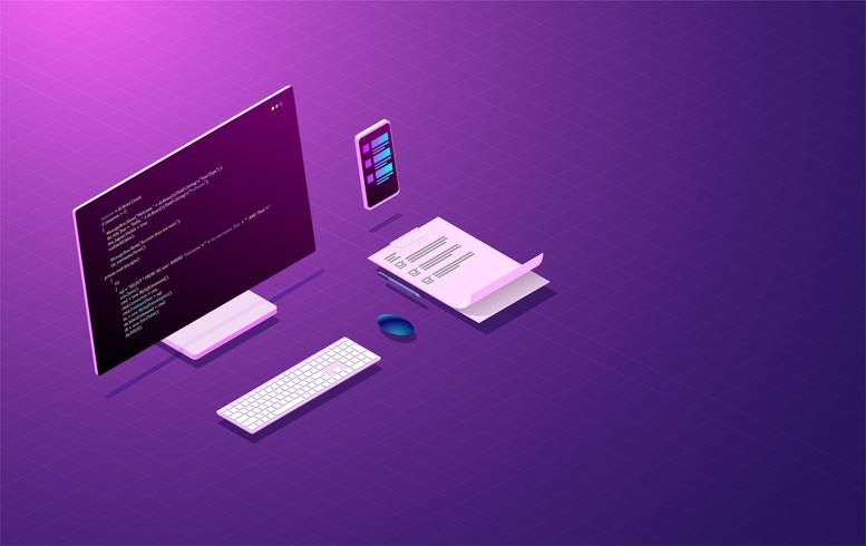 program development and coding, mobile app design, laptop with virtual interactive screens and mobile devices vector