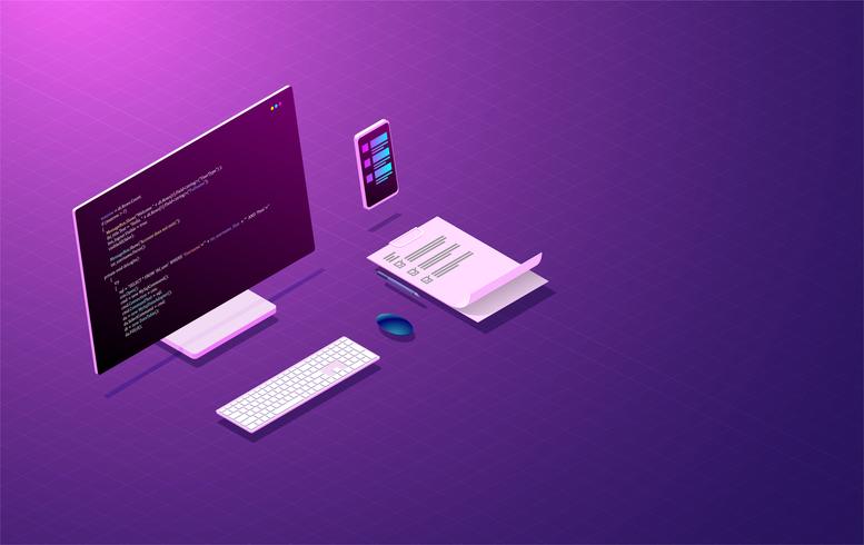 Desarrollo de programas y codificación, diseño de aplicaciones móviles, computadoras portátiles con pantallas interactivas virtuales y dispositivos móviles vector