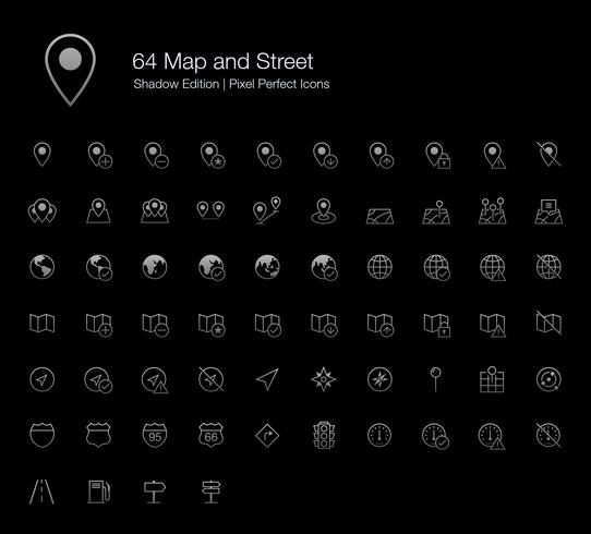 54 Iconos perfectos de Map y Street Pixel (estilo de línea) Edición Shadow. vector