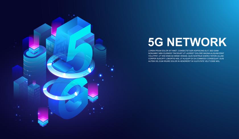 Sistema inalámbrico de la red 5G, 5ta telecomunicación de Internet en vector elegante del concepto de la ciudad.