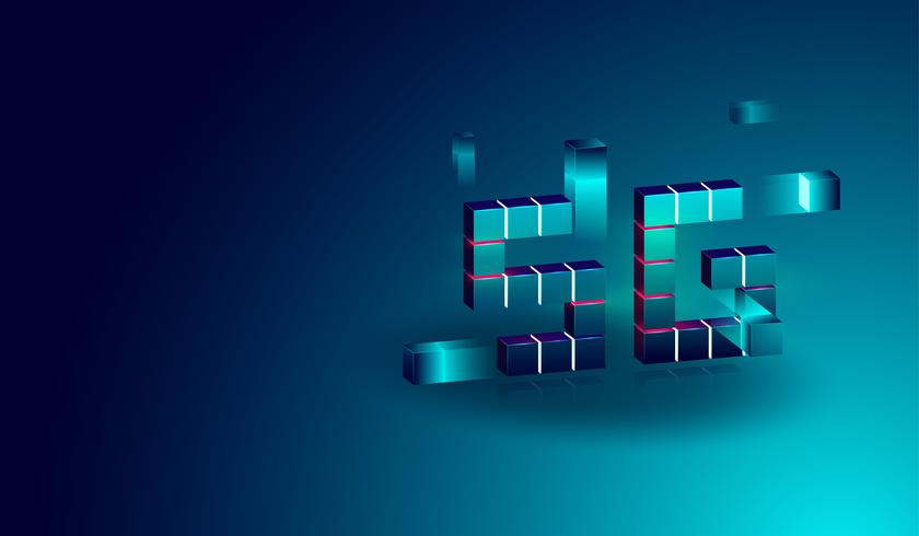 Banner de concepto isométrico de tecnología 5G con caja flotante 3D. vector