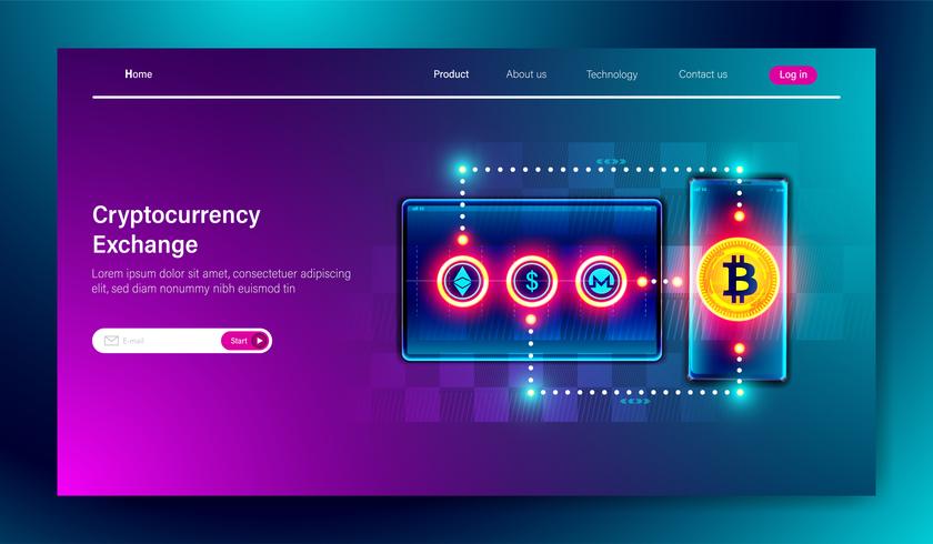 Cryptocurrency exchange platform with smartphone and tablet device, Cryptocurrency mining, digital money market place  Vector