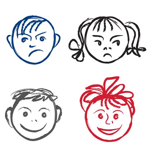 Sonrisa de niños y cara triste. Perfil de caras con conjunto de diferentes expresiones. vector