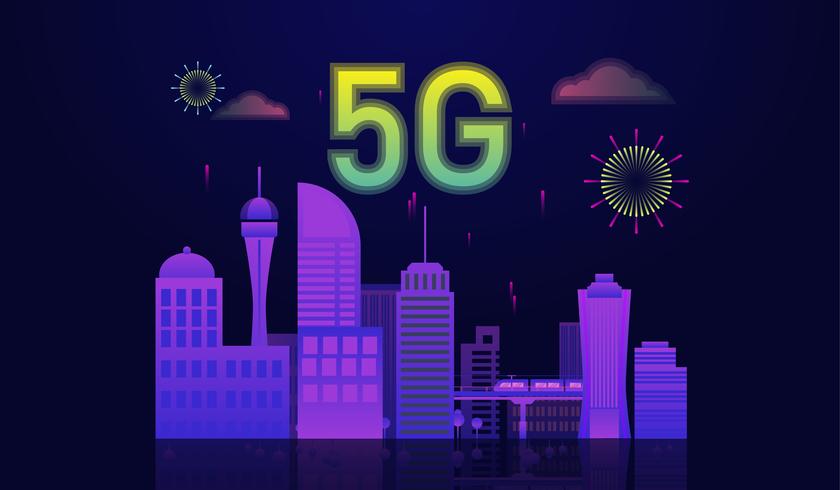 5g internet connected with smart city concept, 5g icon on top of the town. vector