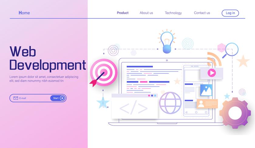 Desarrollo web moderno concepto de diseño plano, desarrollo de aplicaciones móviles, codificación y programación de vectores