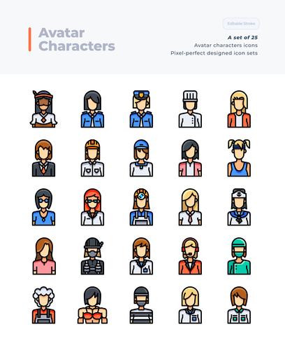 Detailed Vector Color Line Icons Set of People and Avatar. 64x64 Pixel Perfect and Editable Stroke.