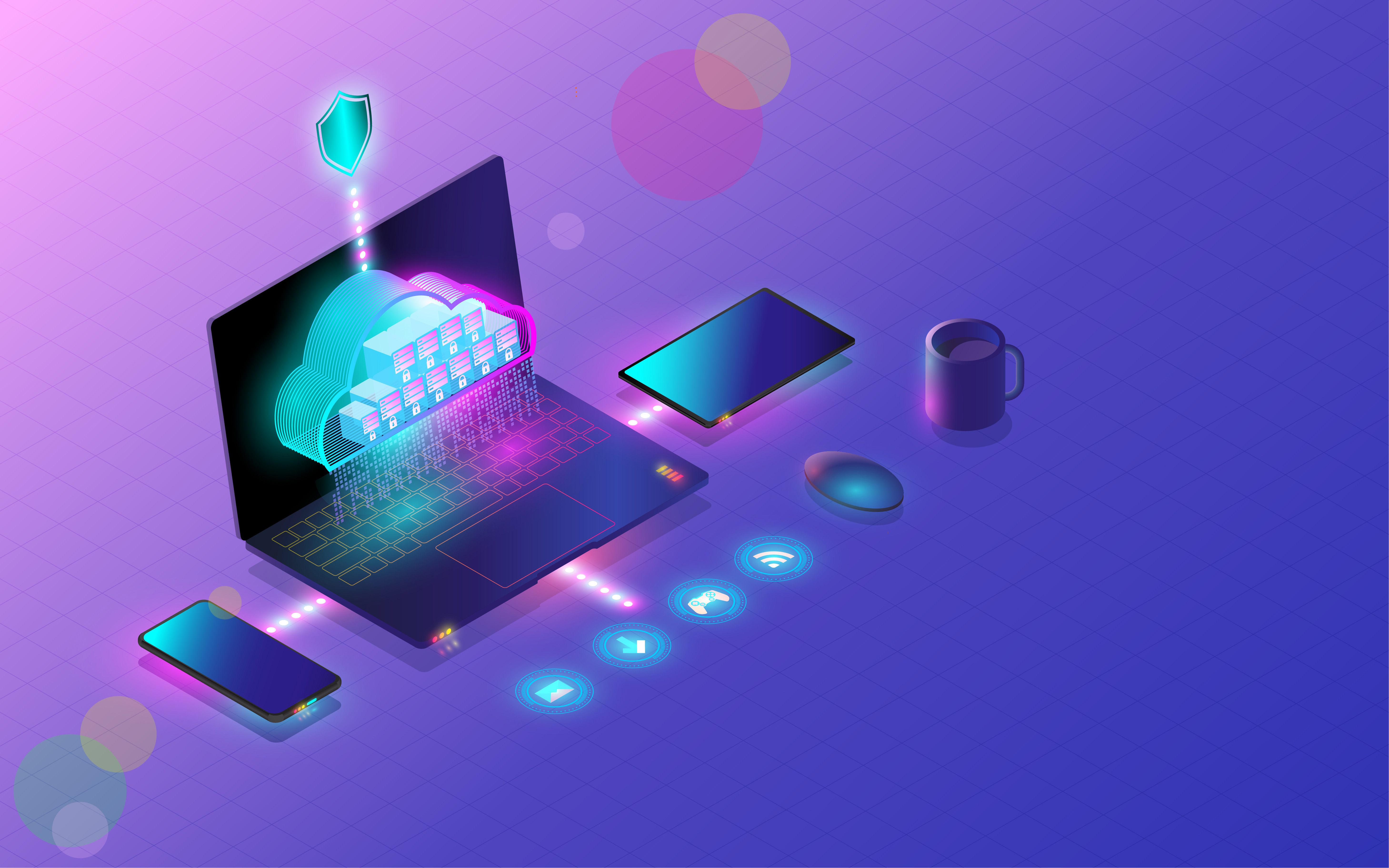 Cloud database connect by smartphone, laptop, and tablet modern concept