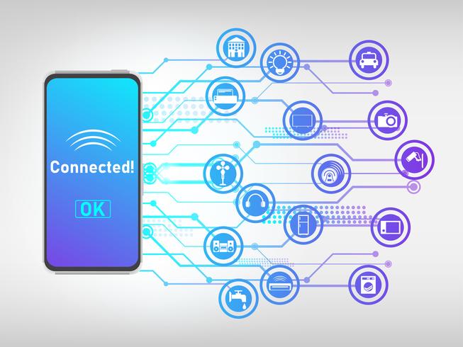 Vector of mobile phone connected with things and control it, internet of things abstract background.