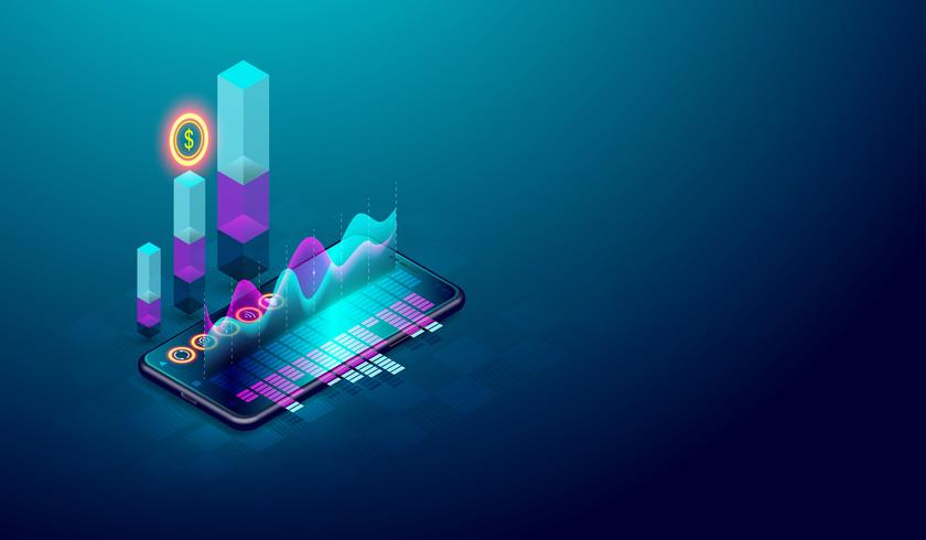 Business trend analysis on isometric smartphone screen with graphs, market trend and financial analysis vector. vector