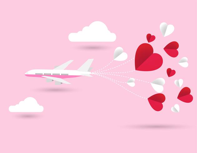 Tarjeta de invitación de amor Día de San Valentín, avión y corazón de papel sobre fondo abstracto vector