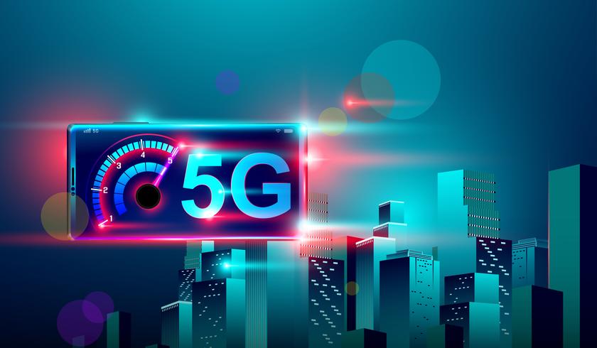 5G high speed network communication internet on flying realistic 3d isometric  smartphone cross night smart city.  vector