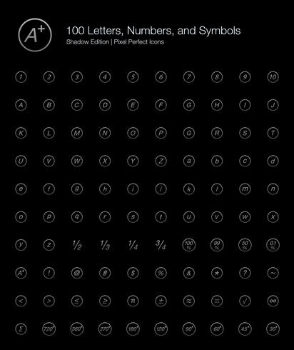 Letters Numbers Alphabet Pixel Perfect Icons line style Shadow Edition. vector
