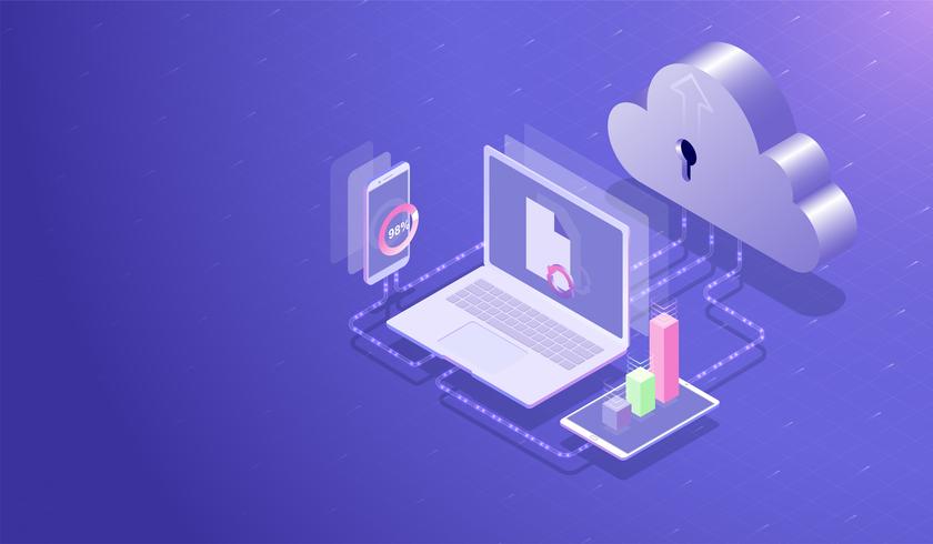 Centro de almacenamiento de datos en la nube isométrica y concepto de computación en la nube, proceso de carga y descarga de transferencia de datos por computadora portátil, teléfono inteligente y tableta, servidor de base de datos Vector