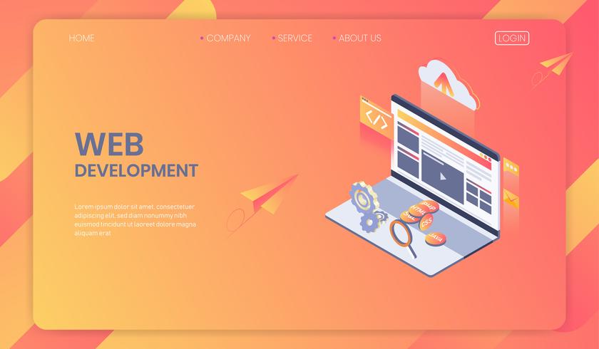 Concepto isométrico de desarrollo web, sistema de análisis de Seo y diseño web moderno, desarrollo de programas y aplicaciones. vector