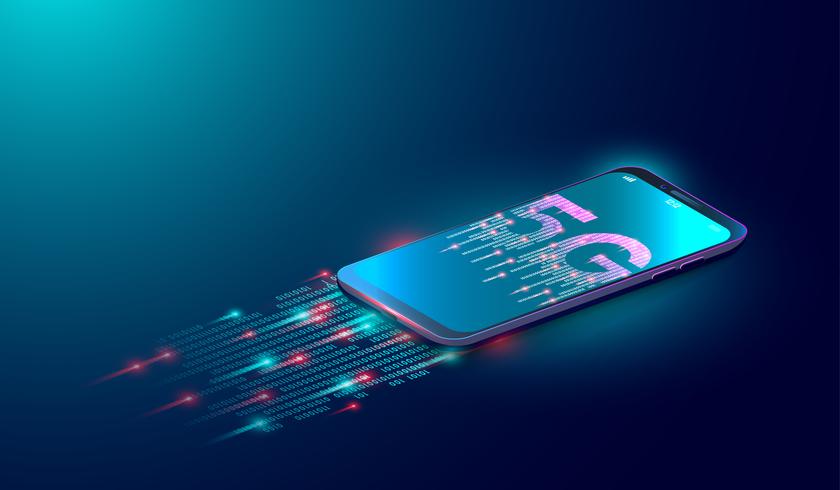 El fondo de tecnología de Internet de 5G, la próxima generación de red móvil y los datos digitales conectados con el teléfono inteligente sobre fondo azul. vector