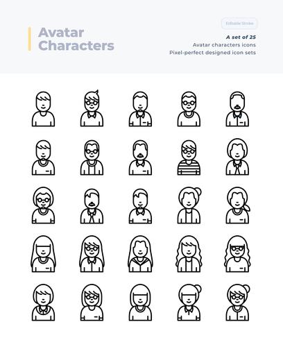 Detailed Vector Line Icons Set of People and Avatar. 64x64 Pixel Perfect and Editable Stroke.