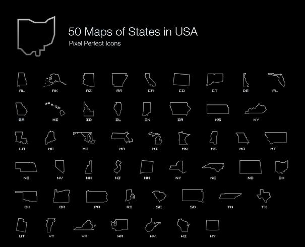 Los 50 iconos perfectos de píxeles del mapa de los estados de EE. UU. (Edición de sombra de estilo de línea). vector