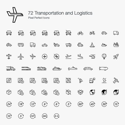 72 Transportes y Logística Pixel Perfect Icons Line Style. vector